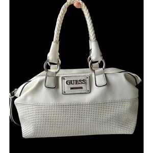 Guess White Leather Perforated Satchel Handbag With Braided Handle 6 tall 10” L